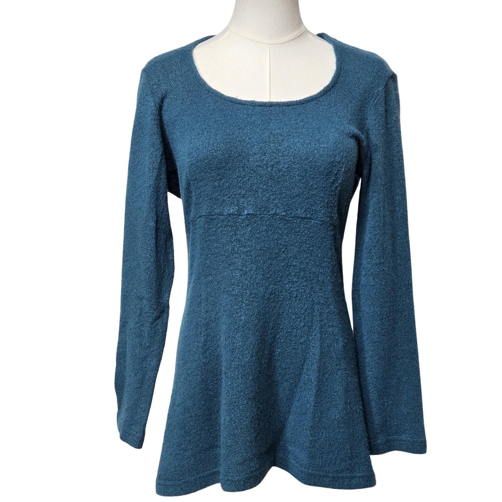 Anni Kuan Womens Medium Tunic Sweater Blue Scoop Neck Textured Knit Stretch